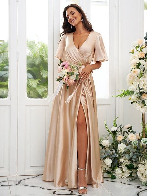 A-Line/Princess Silk like Satin Sash/Ribbon/Belt V-neck Short Sleeves Floor-Length Bridesmaid Dresses - Bridesmaid Dresses - Hebeos Beach Bridesmaids, Beach Bridesmaid Dresses, Champagne Bridesmaid Dresses, Princess Sleeves, Satin Sash, Ribbon Belt, Evening Dresses Cocktail, Color Champagne, Linnet