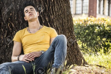 Sitting Against Tree Pose, Sleeping Against Tree Pose, Sitting Sleeping Pose, Sleepy Photos, Relaxing Poses Reference, Person Laying On Ground, Sitting Under A Tree Drawing Reference, Laying On The Ground Reference, Desert Drawing