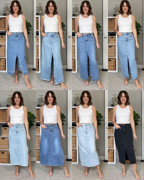 Wide Leg Denim Pants Outfit, Denim Top Diy, Long Denim Skirt Outfits, Skirt Outfits For Women, Midi Rock Outfit, Denim Dress Style, Denim Midi Skirt Outfit, Denim Pants Outfit, Pleated Denim Skirt