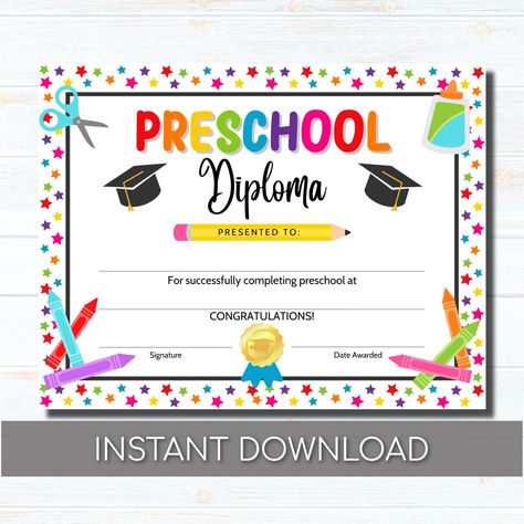 "Preschool Graduation, Preschool Diploma, Preschool Certificate, Printable Preschool Graduation Certificate This preschool diploma is great to give to your preschool graduate. Give this diploma to your child, your preschool class, or use for a preschool graduation ceremony. Simply, download, print as many as you need, and fill in the information. Use year after year. You will receive the PDF and JPG formats. Please note, these tags are not editable. If you would like the editable option, please Preschool Graduation Certificate, Preschool Certificate, Kindergarten Graduation Diploma, Preschool Graduation Ceremony, Kindergarten Graduation Ceremony, Kindergarten Graduation Certificate, Kindergarten Certificates, Preschool Certificates, Kindergarten Diploma