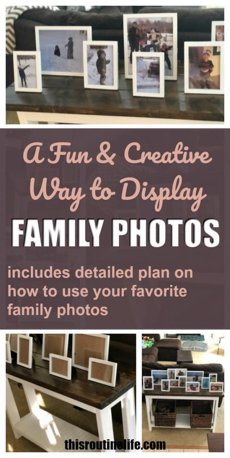 Diy Picture Display, Christmas Photo Display, Picture Frame Arrangements, Displaying Family Pictures, Grandchildren Pictures, Picture Frame Table, Routine Life, Picture Arrangements, Picture Table