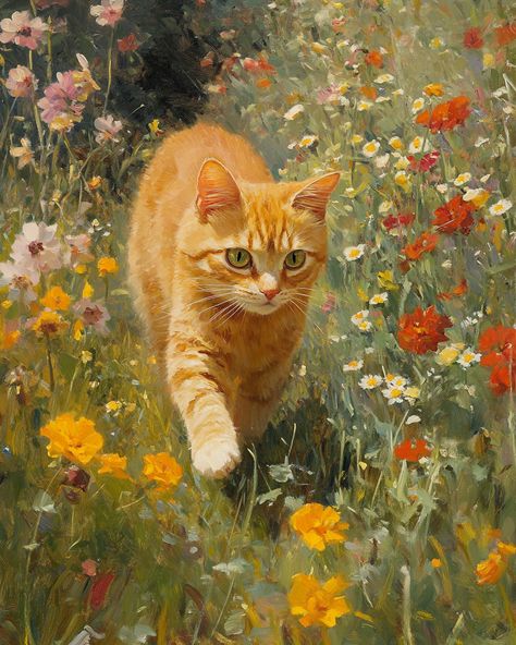 🌼🐱✨ Step into a dreamscape where a curious cat strolls through a vibrant field of flowers! 🌸 This stunning painting captures the essence of Rupert Bunny's charm with hyper-detailed realism, while the ghostly presence adds an enchanting twist. 🎨 Using a transparent medium reminiscent of Alfred Heber Hutty, every petal and whisker comes to life! 🌈✨ Dive into this beautiful world of artistic wonder and feel the magic unfold! #CatArt #FlowerFields #ArtInspiration... Cat In Wildflowers, Animals In Flowers, Dreamy Field, Field Of Flowers, Whimsical Cats, Kittens Playing, Curious Cat, California Poppy, Ginger Cats