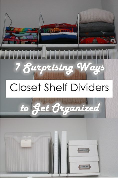 Closet Shelf Dividers Diy Hacks, Shelf Divider Ideas, Organizing Top Shelf In Closet, Upper Closet Shelf Organization, Diy Shelf Dividers Closet, Closet Top Shelf Organization Ideas, Top Shelf Closet Organization Ideas, Closet Top Shelf Organization, Top Shelf Closet Organization