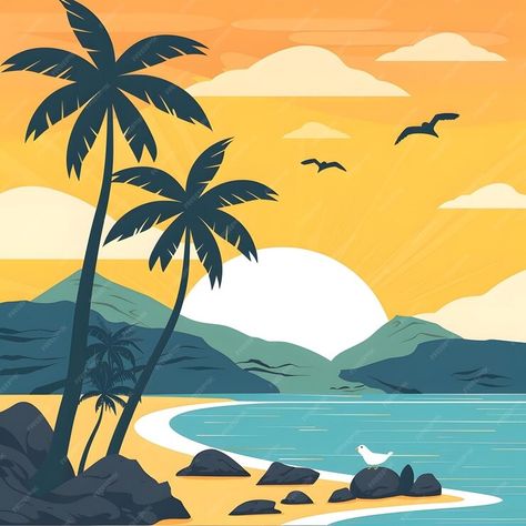 Premium Photo | A painting of a sunset with palm trees and mountains in the background Tropical Sunset Painting, Sunset Painting Easy, Sunset Illustration, Tropical Painting, Mountain Background, Les Angles, Mural Ideas, Scenery Background, Hotel California