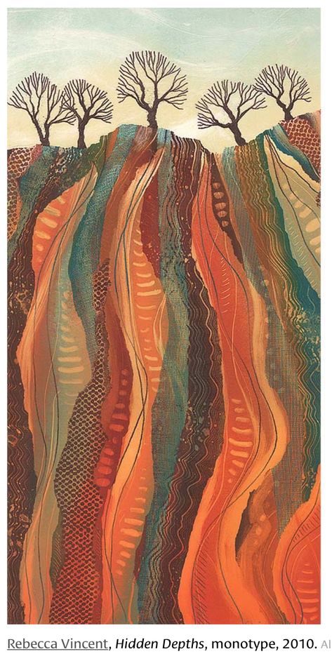 Extra Earrings, Rebecca Vincent, Monotype Prints, Vincent Art, Landscape Quilts, Color Depth, Colorful Landscape, Aboriginal Art, Gustav Klimt