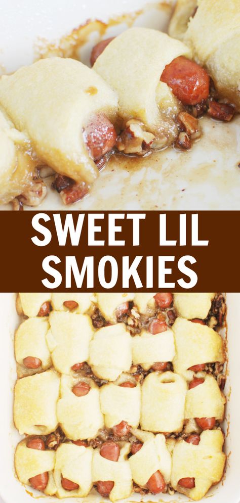 Sweet Lil Smokies are lil smokies wrapped in crescent rolls and baked in a honey pecan sauce. These are always the first thing gone from my parties! Smokies Wrapped In Crescent Rolls, Smokies Crescent Rolls, Lil Smokies Crescent Rolls, Lil Smokies, Pecan Sauce, Cocktail Sausages, Homemade Appetizer, Kids' Party Food, Football Party Food