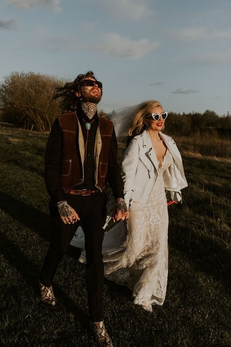 Groom in cowboy Western wedding outfit with the bride in a lace wedding dress wearing a white leather jacket | Firewood Film Cowboy Groom, Aisle Decorations, Wedding Outfits For Groom, Rock N Roll Wedding, Cowboy Jacket, Pinterest Photography, White Leather Jacket, Let's Get Married, Wedding 2025