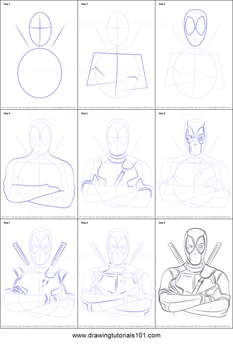 How to Draw Deadpool printable step by step drawing sheet : DrawingTutorials101.com Iron Man Drawing Step By Step, How To Draw Loki Step By Step, Deadpool Pencil Drawing, Marvel Drawings Easy Step By Step, Drawing 101 Step By Step, How To Draw Superhero, How To Draw Gwen Stacy Step By Step, How To Draw Deadpool Step By Step, How To Draw Batman Step By Step