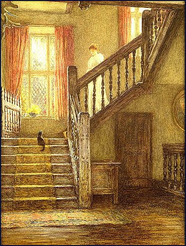 Allingham, Helene (English, 1848-1926) - The Staircase, Whittington Court - s.d. | Flickr - Photo Sharing! Staircase Frames, Art Interiors, The Staircase, Cats In Art, Mary Elizabeth, Interior Art, Staircases, Cat Art, A House