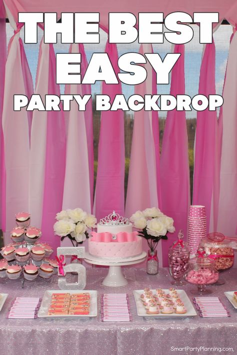 Easy Pink Party Decorations, How To Organize Party Decorations, Using Plastic Tablecloths To Decorate, Diy Large Party Decor, Pink Diy Party Decorations, Diy Backdrop Decorations, Table Cloth Photo Backdrop, Quick Easy Backdrop Ideas, Park Shelter Birthday Party Decorations