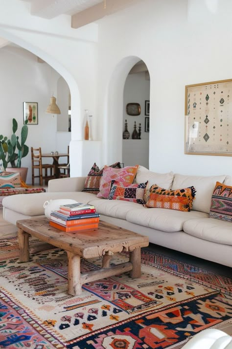 Bohemian Colorful Living Room, Modern Boho Eclectic Living Room, Moroccan Boho Living Room, Goa Interiors, Colorful Rugs In Living Room, Bohemian Modern Living Room, Modern Moroccan Living Room, Eclectic Bohemian Living Room, Casita House