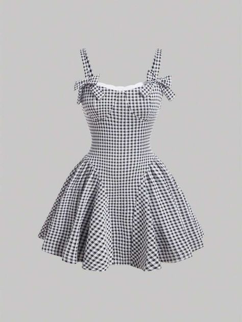 Single Dress, Aesthetic Dress, Black And White Gingham, Bow Decor, Party Wear Indian Dresses, Gingham Print, Gingham Dress, Dress For Short Women, Fashion Design Clothes