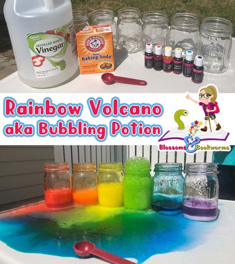 A fun play on a classic vinegar and baking soda reaction.  Bring a colorful rainbow to life with a few simple ingredients! Baking Soda Science For Kids, Rainbow Volcano Science Experiments, Baking Soda Volcano For Kids, Vinegar And Baking Soda Experiment, Traveling Rainbow Experiment, Volcano For Kids, Volcano Activities, Science Week, Distilled White Vinegar