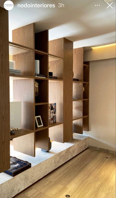 Bookshelf High On Wall, Shelves Partition Design, Open Shelving Partition Wall, Double Sided Bookshelf, Pitched Roof Interior, Japandi Library, Partition With Shelves, The Row Store, Shelving Partition