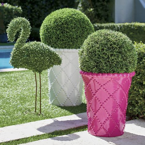 Beautiful Planters, Faux Boxwood, Patio Projects, Fake Grass, Flamingo Decor, Flamingo Birthday, Flamingo Party, Grandin Road, Pink Bird