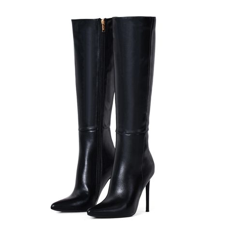 PRICES MAY VARY. 👢 Heel measures 4 inch.Shaft height measures approximately 22.97 inch .Stilletos heels boots Calf girth measures approximately 15.35 inch . 👢 Womens stiletto heel knee high boots have a soft faux leather upper and zipper closure design that acts as a great versatile style. Featuring pointy toe, high heel, finished with cushioned insole, soft interior lining, and side zipper closure for easy on/off. 👢 Comfy Knee High Boots To Wear：pointed-toe leather knee high boots come with Perfect Knee High Boots, Winter High Heel Boots, Black Pointy Boots Outfit, Over Knee Boots Outfit, Long Dress With Boots, Black Heel Boots Outfit, Calf Boots Outfit, Stilletos Heels, Fall Shoes For Women