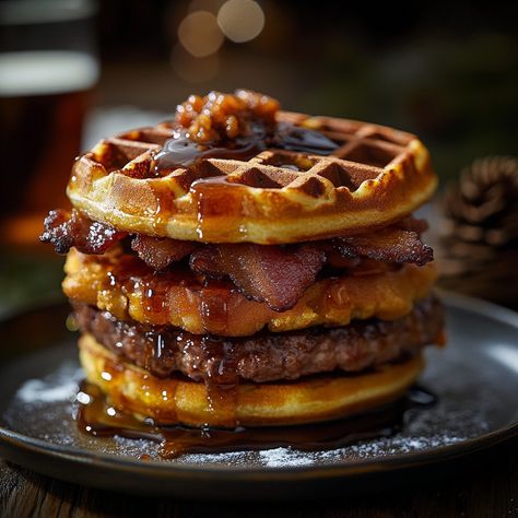 Gingerbread Maple Bacon Waffle Burger 🎄🥓🧇 Ingredients: - 4 gingerbread waffles (store-bought or homemade) - 4 cooked bacon strips - 4 hamburger patties - 4 slices cheddar cheese - 1/4 cup maple syrup - Lettuce and tomato for garnish Instructions: - Cook Patties: Cook hamburger patties to your preferred doneness. Top each with a slice of cheddar cheese. - Assemble Burgers: Place a bacon strip on each patty. Then, place the patty and bacon on a gingerbread waffle. Drizzle with maple syrup. - ... Waffles Homemade, Waffle Burger, Gingerbread Waffles, Burger Ingredients, Bacon Waffles, Cheese Burger, Hamburger Patties, Maple Bacon, Food Therapy