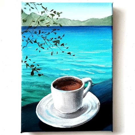 Cup Of Coffee Painting Acrylic, Coffee Cup Art Paintings, Coffee Acrylic Painting, Cups Painting, Coffee Cup Painting, Coffee Painting Canvas, Painting Mood, Coffee Artwork, Drawing Arts