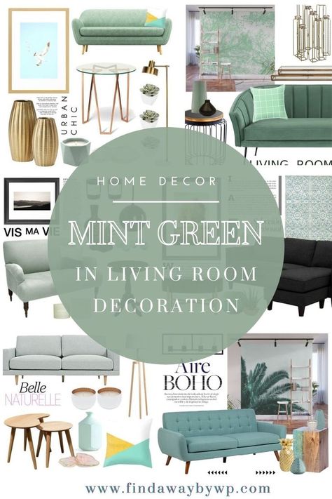 Mint green in living room decoration Green And Black Room Decor, Mint Decor Living Room, Green In Living Room, Mint Room Decor, Color In Living Room, Mint Living Rooms, Green Room Ideas Bedroom, Mint Green Bathrooms, Mint Green Decor