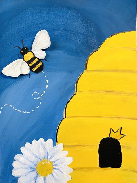 Painting Bumble Bees Acrylic, Bumble Bee Canvas Painting, Paint Bees Easy, Honey Bee Painting Easy, Bee Art Projects For Kids, Bumble Bee Painting Acrylic Easy, Easy Spring Canvas Painting, Bee Canvas Painting Easy, Spring Paintings Easy