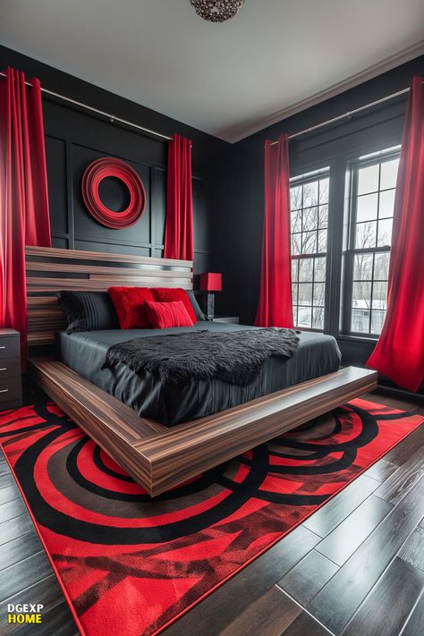 Bold red and black modern bedroom with unique bed frame and dark wood flooring Unique Bed Frame, Red Black Bedrooms, Black Modern Bedroom, Dark Wood Flooring, Unique Bed Frames, Red Living Room Decor, Red Bedroom Decor, Bold Bedroom, Modern Bedroom Ideas