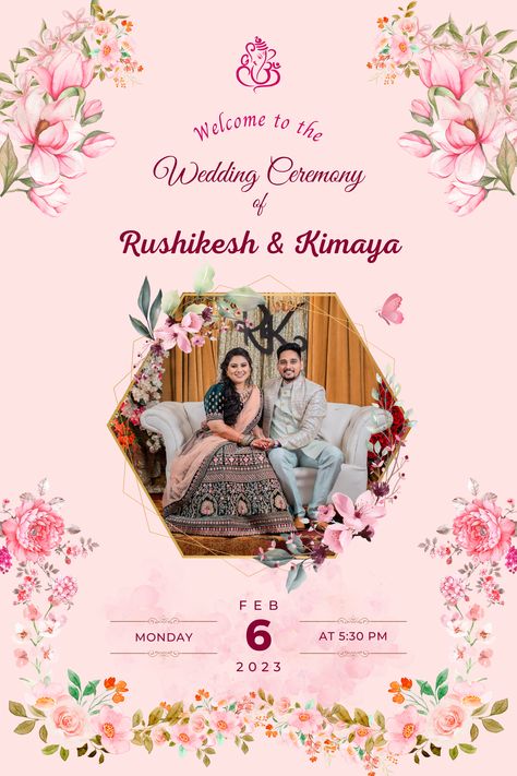 Printable design of Wedding ceremony with couples picture. #bride #groom #indianwedding Wedding Banners Indian, Wedding Ceremony Cards, Indian Wedding Banner Design, Wedding Ceremony Template, Marriage Banner, Engagement Card Design, Indian Wedding Aesthetic, Wedding Banner Design, Hindu Wedding Invitation Cards