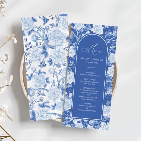 These beautiful menu cards will add a perfect touch to your wedding / special occasion. The elegant design features elegant blue and white chinoiserie botanical flowers and birds, complimented with modern typography. Chinoiserie Garden, Greek Party, Chinoiserie Wedding, Baby Brunch, 21 Diner, Blue White Weddings, Fav Products, Wedgewood Wedding, Blue Chinoiserie