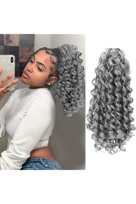 Gray Ponytail For Black Women, Fake Curly Ponytail Hairstyles, Faux Curly Ponytail, Curly Clip In Ponytail, Drawstring Ponytails For Black Women, Weave Ponytail Styles, Grey Ponytail, Ponytails For Black Women, Fake Ponytail