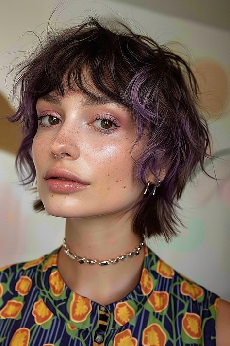 A pixie cut with deep violet color and shaggy bangs. Shaggy Short Haircuts With Bangs, Short Layered Textured Hair, Shaggy Curtain Bangs Short Hair, Pixie Hair Styling Ideas, Shaggy Micro Bob, Feminine Mullet Shag Short, Short Thick Bangs, Mini Bangs Mullet, Haircuts For Growing Out A Pixie