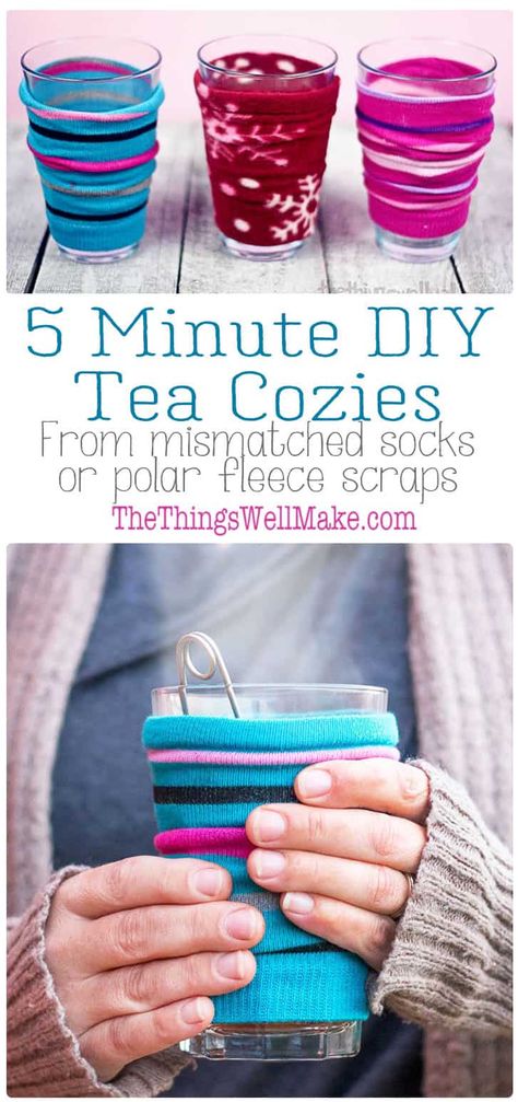 Enjoy your hot beverage without burning yourself with this easy DIY coffee cozy that can be made from a mismatched sock in around 5 minutes! (Or use polar fleece scraps or other knit items!) #thethingswellmake #miy #coffeecozy #sewsimple #diyproject #seweasy #sewingprojects #beginnersewing #coffee #teatime #nosew #upcycle #coffeesleeve Knitting Diy Easy, Diy Coffee Sleeve, Fleece Scraps, Diy Coffee Drinks, Coffee Cups Diy, Cup Cozies, Knit Items, Drink Cozies, Coffee Cup Cozy