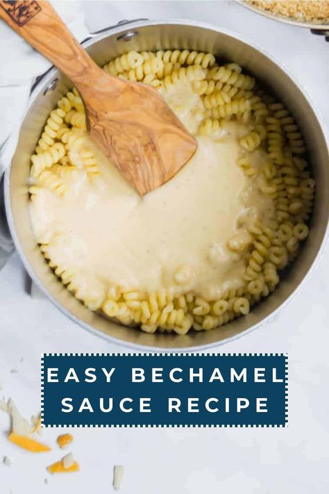 Your macaroni and cheese or lasagna will love being layered with this easy bechamel sauce recipe. Creamy and rich, use this basic and simple white sauce recipe whenever bechamel is called for. Mac And Cheese With Bechamel Sauce, Baked Ziti With Bechamel Sauce, Mac And Cheese Bechamel Sauce, Pasta With Bechamel Sauce, Easy Bechamel Sauce Recipe, Besamel Sauce Recipe, Bechamel Mac And Cheese, Beschmell Sauce, Bechamel Sauce Mac And Cheese