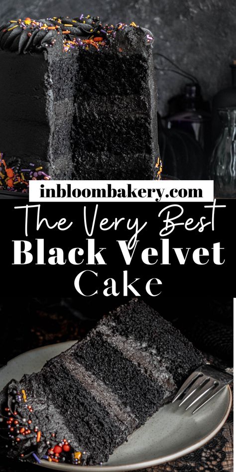 Rich, chocolatey black velvet Halloween cake has a deep chocolate flavor and moist, velvety texture. It's filled and frosted with black cocoa buttercream for a true, decadent chocolate pairing! It's scary good! Spooky Black Velvet Cake, Beetlejuice Dessert Ideas, Black Velvet Cake Recipe, Beetlejuice Cake, Black Velvet Cake, Velvet Desserts, Black Velvet Cakes, Spooky Halloween Cakes, In Bloom Bakery