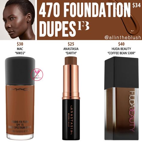 FENTY BEAUTY 470 PRO FILT’R SOFT MATTE LONGWEAR FOUNDATION DUPES Fenty Beauty Foundation, High End Makeup Brands, Fenty Makeup, Mac Studio Fix Fluid, Darker Skin Tones, Nars Radiant Creamy Concealer, Concealer Shades, Makeup List, Mac Studio Fix