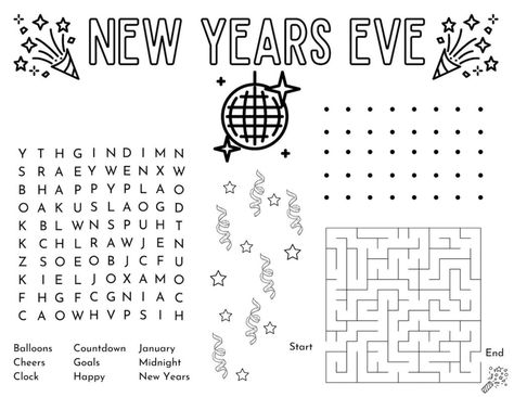 Fun New Year's Eve Activity Page FREE printable! Easy activity for kids to do on New Year's eve while they countdown to the new year! Fun puzzles like dots and boxes, word search, and maze. Kids can color and decorate the page too! New Years Eve Worksheets For Kids, New Year’s Eve Printables For Kids, New Years Eve Crafts For Kids Easy, New Years Kids Activities Free Printable, New Years Worksheets For Kids, Nye Kids Activities, New Years Eve Activities For Kids, New Year’s Eve Kids Activities, New Year Worksheets For Kids