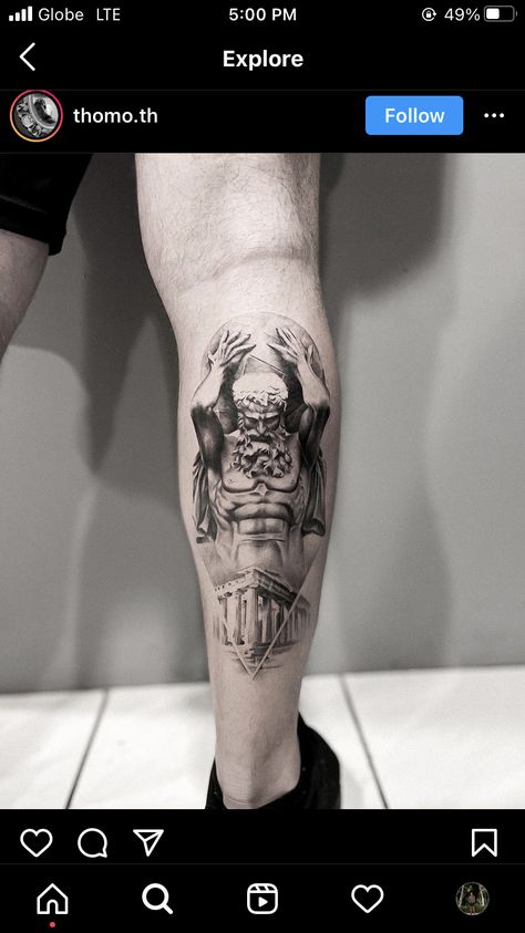 Greek Mythology Shin Tattoos, Leg Tattoo Men Greek Gods, Atlas Calf Tattoo, Greek Mythology Knee Tattoo, Greek Mythology Tattoos Thigh, Greek Tattoo Ideas For Men, Atlas Leg Tattoo, Heracles Tattoo, Greek Mythology Full Leg Tattoo