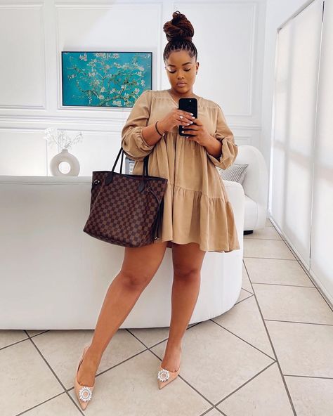 Lungile Thabethe on Instagram: “It’s been such a tough week, happy to be feeling better. Hope you’re having a great weekend ♥️” Curvy Model, Ruffle Long Sleeve, Khaki Dress, Leather Style, Urban Style, Neck Ruffle, Long Sleeve Mini, Fashion Mode, Types Of Dresses