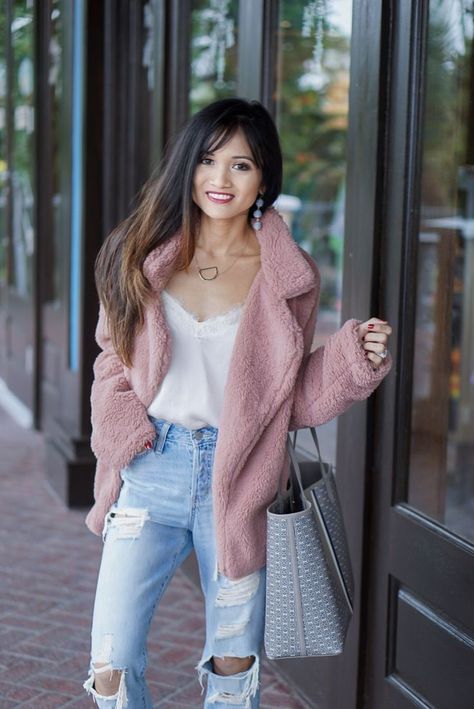 pink jacket, pink teddy bear coat, Tory Burch Gemini Link Tote, sherpa coat, ripped jeans, mom jeans, boyfriend jeans, dc canvas slip on shoes , initial necklace Velvet Jacket Outfit, Tory Burch Gemini Link Tote, Teddy Bear Coats, Pink Teddy Coat, Coats For Winter, Teddy Bear Coat, Bear Coat, Fall Fashion Trends Women, Canvas Slip On Shoes