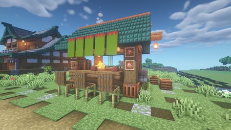 Small Food Stand (Japanese style) Minecraft! Small Shops Minecraft, Minecraft Food Stand Ideas, Food Stands Minecraft, Japanese Style Builds Minecraft, Minecraft Shop Stand, Japanese Shop Minecraft, Food Stand Minecraft, Minecraft Food Shop, Minecraft Food Stand