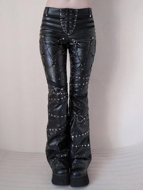 Pentagram flares, gothic flares,leather pants,gothic,metal,occult, studded pants Flare Pants Outfits, Studded Pants, Skull Pants, Snake Skin Texture, Pants With Lace, Black Dress Pants Men, Faux Leather Jeans, Black Flare Pants, Skull Leggings