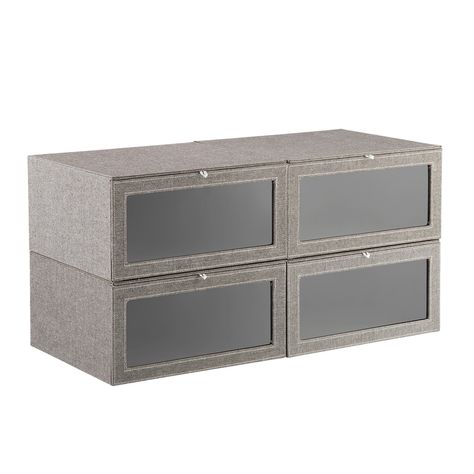 Cambridge Drop-Front Sweater Box | The Container Store Container Store Shoe Boxes, Clear Shoe Box, Clear Shoebox Storage, Sweater Box, Shoe Storage Boxes Clear, Closet Storage Bins, Lightweight Collapsible Storage Box Clear, Clear Shoes, Storage Closet Organization