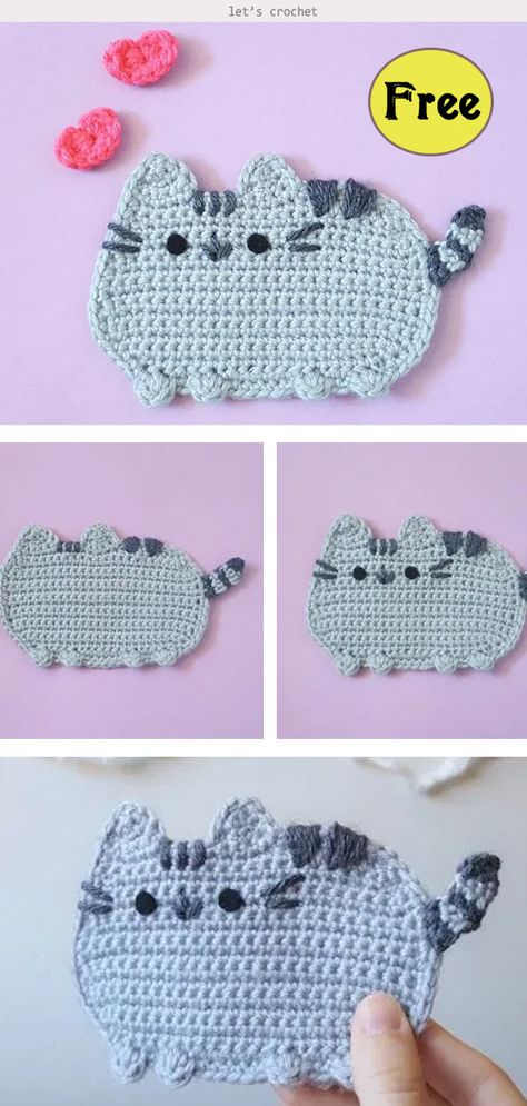 Crochet Cat Applique Pattern, Crocheted Cat Applique, Fat Cat Coasters Crochet Free Pattern, Crochet Cat Cushion Free Pattern, Crochet Cat Face Applique Free Pattern, Crochet Cat Apliques, Cat Granny Square Crochet Free Pattern, Crochet Cat Coasters, Pusheen Crochet Pattern