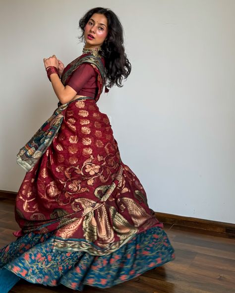 Janmashtami Special | Saree pose ideas for Janmashtami 🪈🦚🦢 ✨ How to pose in a saree ✨ Pure silk saree of the day- is a khaddi Georgette banarasi in maroon base, layered with intricate hand kadhua weaving throughout the body. Paired the saree with cancan and ghagra/long skirt in contrasting shades. #fyp #explore #iwearhandloom #handloomlove #puresilksaree #sareeindia #sareeinfluencer #janmashtamispecial #krishnajanmashtami #gopidress #howtopose #sareeposes #archeedrapes Saree Pose Ideas, Saree Pose, Janmashtami Special, Saree Poses, Krishna Janmashtami, Indian Makeup, Pure Silk Saree, Indian Outfit, How To Pose