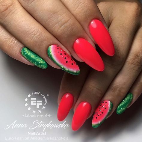 Sparkle Almond Nails, Summer Nail Tutorials, Watermelon Nail Designs, Watermelon Nail Art, Feet Nail Design, Beach Nail Art, Watermelon Nails, Rose Nail Art, Rose Nails