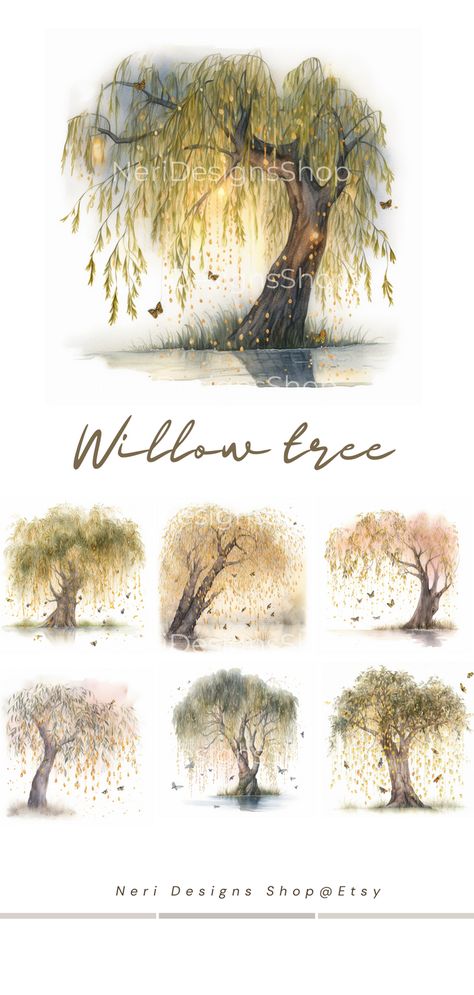 Introducing "Glowing Willow Tree" watercolor clipart set, featuring a mesmerizing and enchanting willow tree with glowing branches, adorned with fluttering fireflies and delicate butterflies. Each clipart depicts a unique perspective of the magical willow tree, capturing its breathtaking beauty and serenity. Willow Tree Illustration, Willow Tree Watercolor, Willow Watercolor, Tree Printable, Tree Watercolor, Tree Png, Unique Perspective, Hope Symbol, Tree Roots