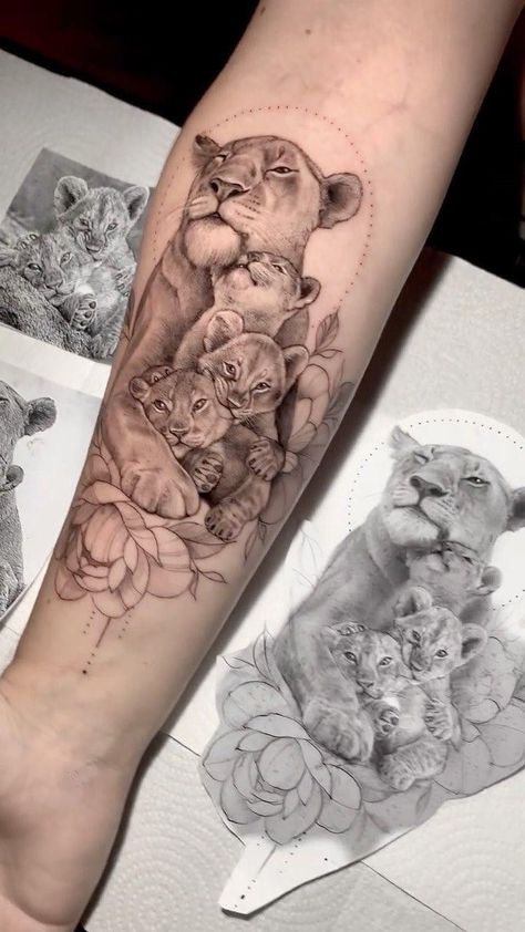 Lioness Cubs Tattoo For Women, Mama Lion And 2 Cubs Tattoo, Lioness And Her Cubs Tattoo, Lion And 3 Cubs Tattoo For Women, Lioness With 3 Cubs Tattoo, Lion With Cubs Tattoo Mothers, Mama And Cubs Tattoo, Bear And Cub Tattoo Mothers, Momma Lion Tattoo