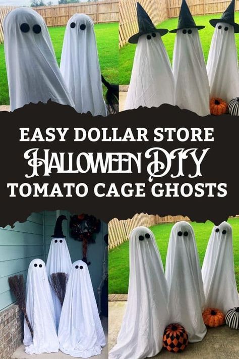 Looking to create some charming ghost decorations for your front yard that can withstand the weather? Grab some Dollar Tree tomato cages and turn them into cute DIY ghosts. It’s a fantastic Halloween project that’s perfect for kids too! Tomato Cage Ghost, Dollar Tree Halloween Diy, Diy Tomato Cage, Tree Tomato, Dollar Store Halloween Diy, Diy Ghost Decoration, Outside Halloween Decorations, Ghost Diy, Dollar Store Halloween