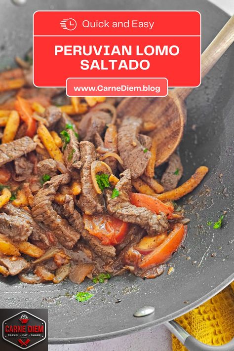 Lomo Saltado is a traditional Peruvian dish consisting of tender strips of beef sauteed with onions, tomatoes, and French fries in a flavorful ají Amarillo sauce. This Peruvian beef stir fry is one of our families favorite Peruvian dishes and always our kids go to dish when we visit local Peruvian restaurants. The best part is this quick stir-fry and be ready to eat in under 30 minutes. Peruvian Beef Stir Fry, Peruvian Lomo Saltado Recipe, Brazilian Beef Recipes, Lomo Saltado Recipe Peruvian Authentic, Lomo Saltado Recipe Peruvian, Peruvian Steak, Lomo Saltado Recipe, Peruvian Beef, Steak And Fries