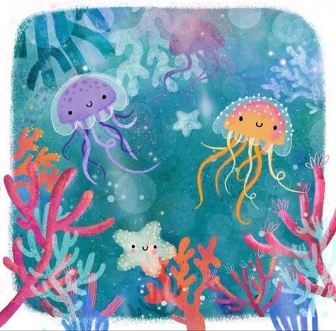 Underwater World Drawing For Kids, Under The Sea Canvas Painting, Ocean Illustration Underwater, Under The Sea Drawing, Under The Sea Mural, Under The Sea Drawings, Sea Murals, Coral Painting, Ocean Drawing