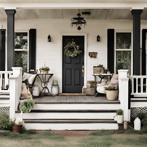 Black Details Make a Statement This craftsman bungalow features beautiful black details that make it stand out. The black metal railings on the porch add a touch of modern sophistication, while the black front door creates a bold contrast against the lighter colored siding. Would you incorporate black accents into your home's exterior? Tell us why or why not in the comments! Black Porch Columns Brick House, Black Stained Porch Columns, Black And White House With Colored Door, Black And White Craftsman House, Black Front Porch Columns, White House Black Porch, White House Black Trim Wrap Around Porch, Wood Columns Porch, Black Front Porch