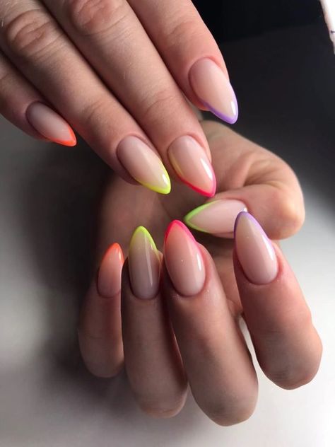 Top 19 Multicolor Nail Ideas for Summer 2024: Neon, Pastel, and Bold Designs Neon French Nail Designs, Ljetni Nokti 2024, Happy Nails Designs, Nail Art Pastel Colors, Neon Nail Designs 2024, Multicolor Nails Summer, Neon Tip Nails, Summer Nails Inspo 2024, Subtle Pride Nails